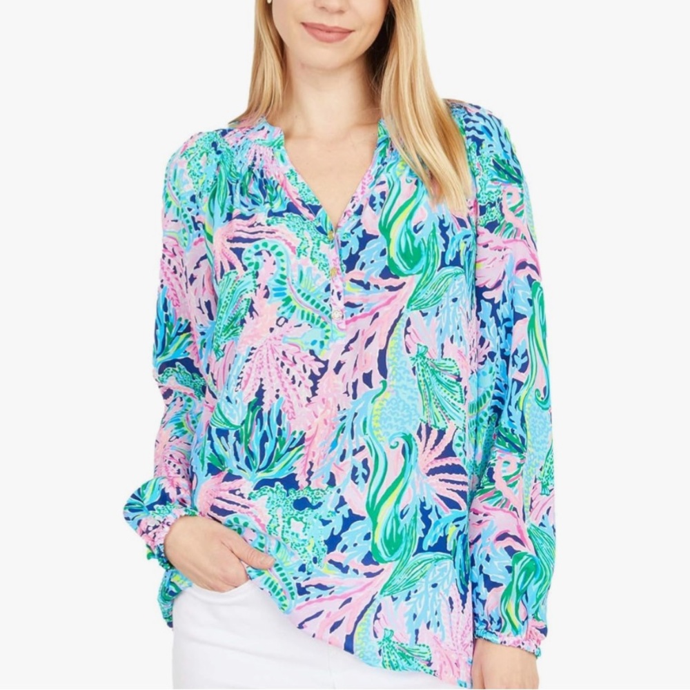 Lilly Pulitzer silk Elsa top (High Tide navy Bringing Mermaid Back)
